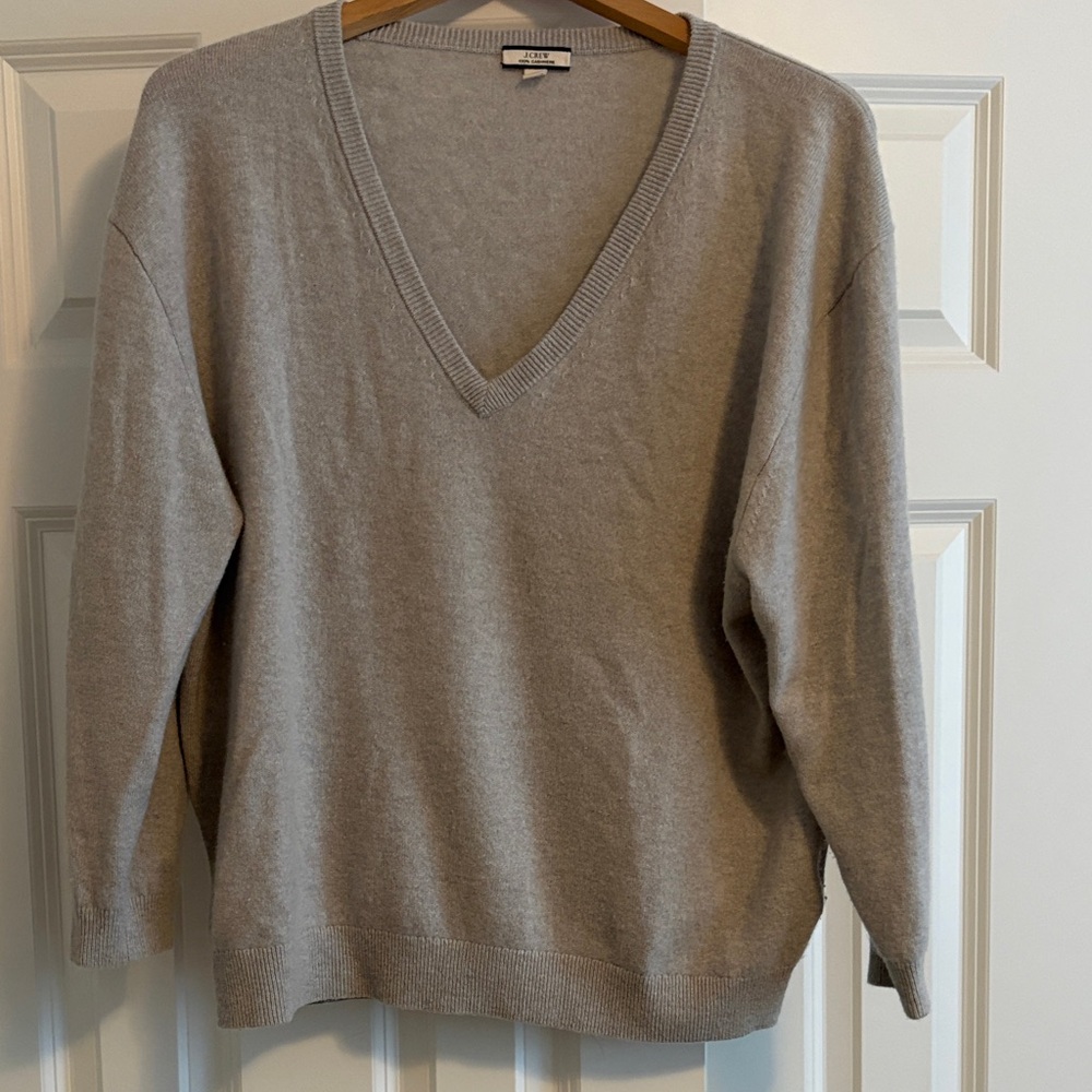 J. Crew 100% Cashmere Light Gray/Tan V-Neck Sweater